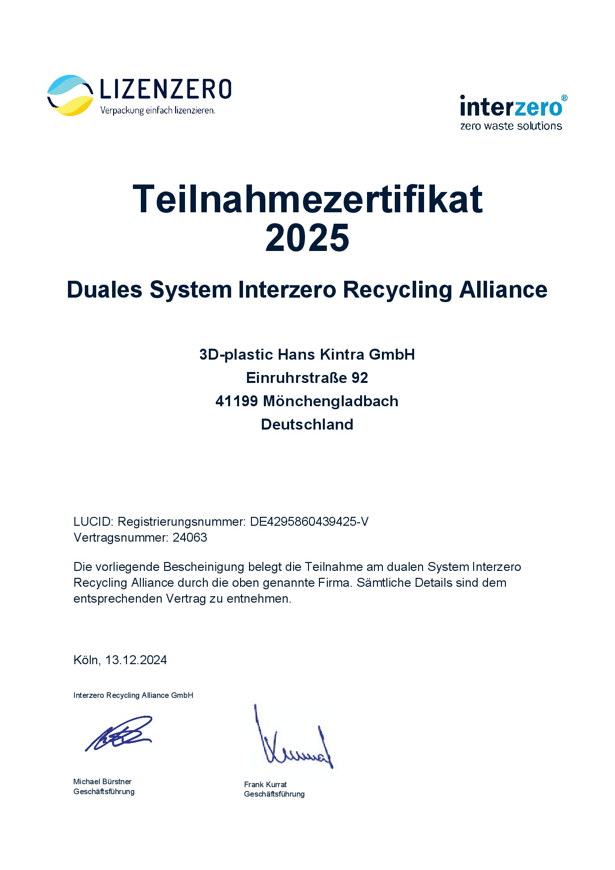 Teilnahmezertifikat Duales System Interseroh+